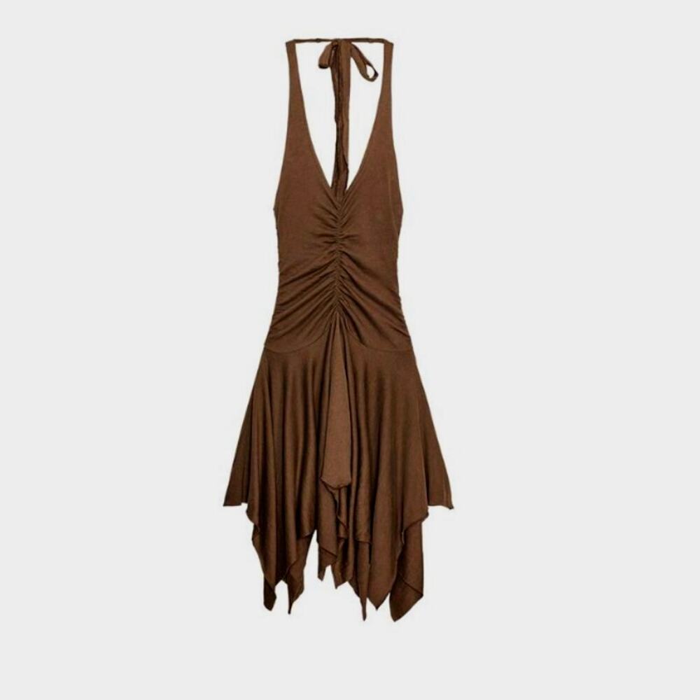 Zara Brown Asymmetric Handkerchief Hem Mini Halter Dress Size Small - Picture 6 of 6
